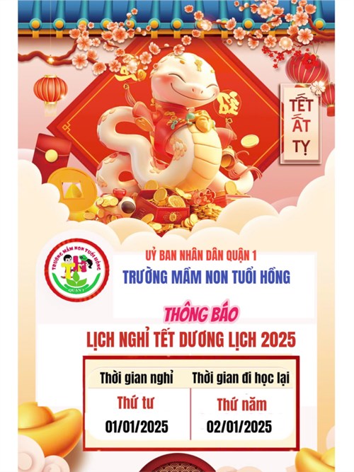 Trường Mầm non Tuổi Hồng thông báo nghỉ Tết dương lịch 2025.