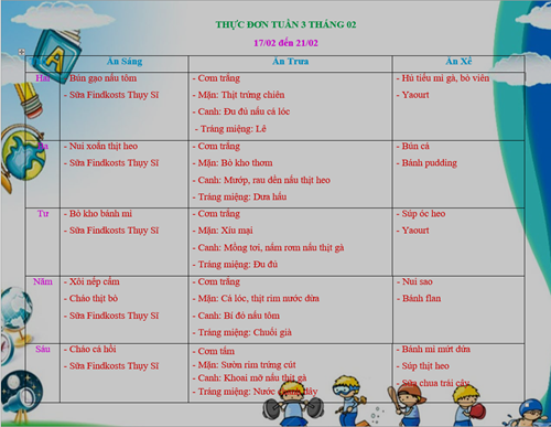 Thực đơn tuần 3 tháng 2
(từ 17/02 đến 21/02)