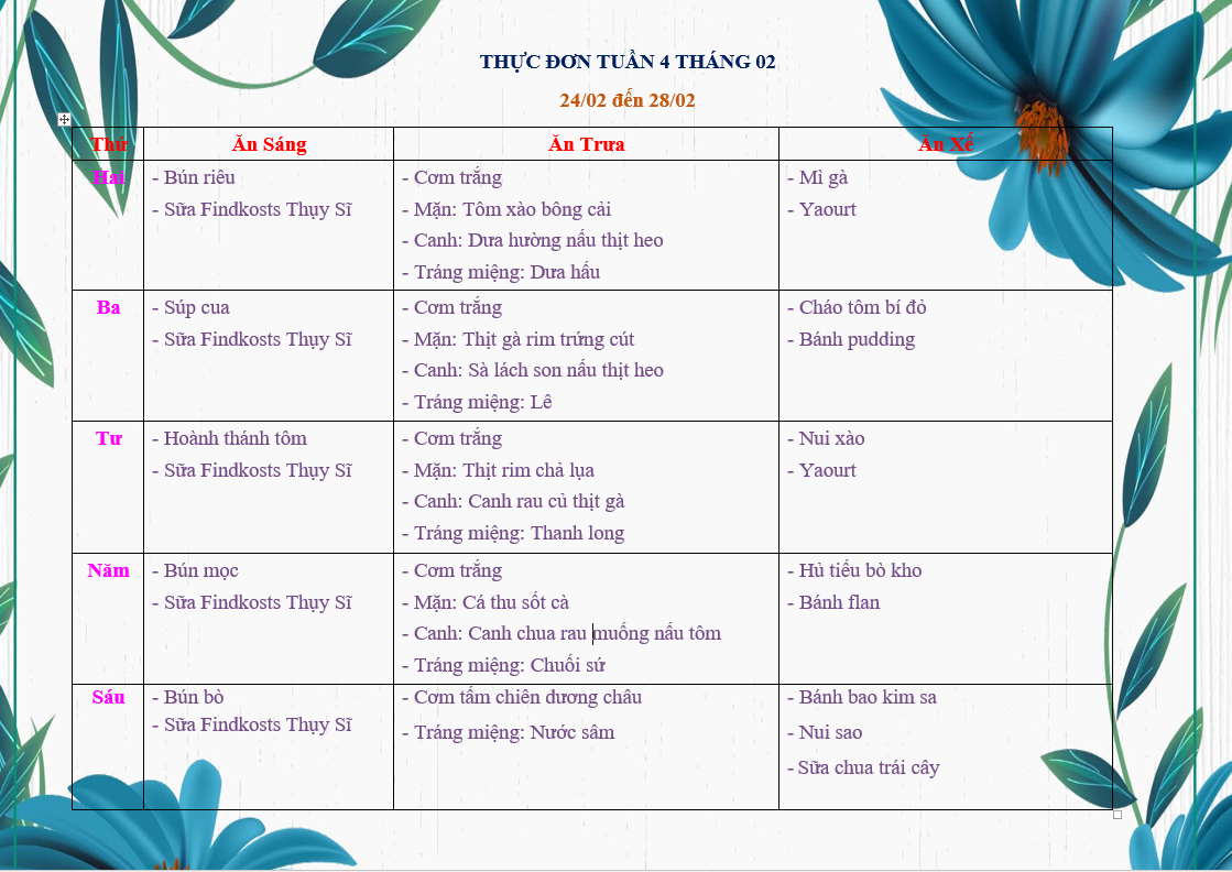 Thực đơn tuần 4 tháng 02
(từ ngày 24/02 đến ngày 28/02