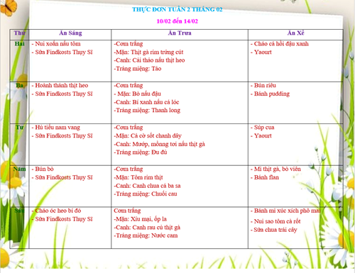 Thực đơn tuần 02 tháng 02
(từ ngày 10/02 đến ngày 14/02)