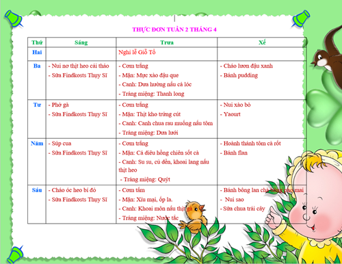 Thực đơn tuần 2 tháng 4